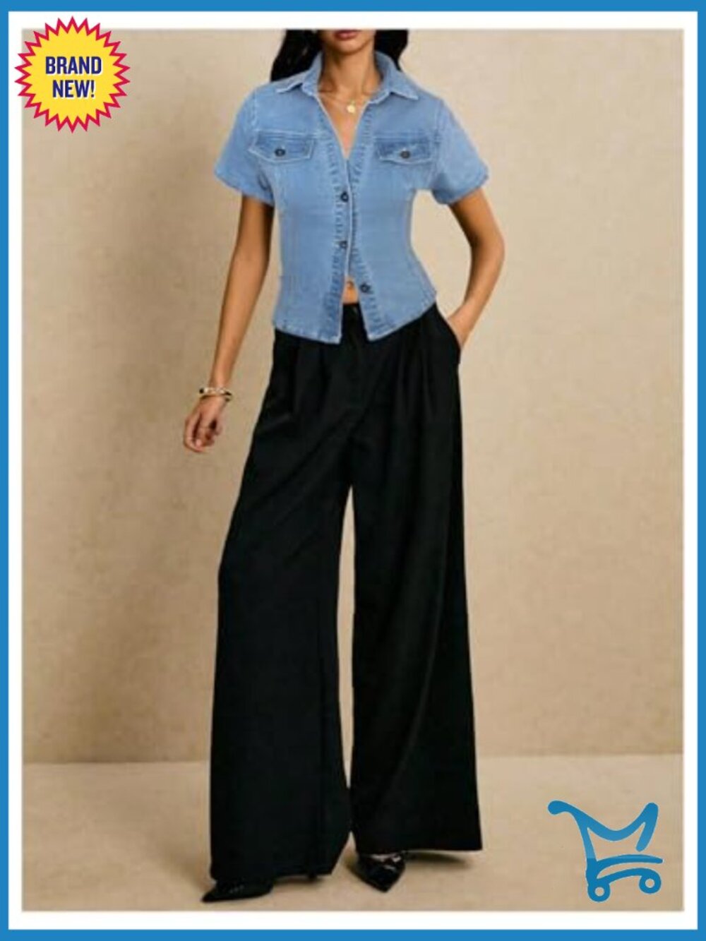 Short Sleeve Button Down Denim Jacket Y2K Fitted Jean Shirt Top - Picture 5 of 6